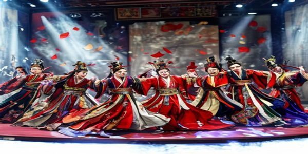 传统京剧舞台上，花脸武生扮演太子，文武场面热烈，演员水袖翻飞，呈现太子千秋万载戏曲经典场景