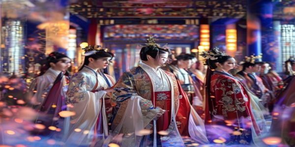 古装偶像剧宫廷场景，年轻演员身着华服出席太子千秋节庆典，宫灯与锦绣装饰营造节日氛围